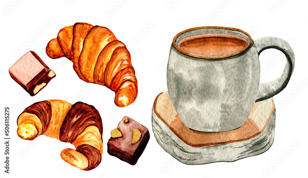 Watercolor cup of coffee, croissants and chocolate isolated on white background Watercolor cup of coffee, croissants and chocolate isolated on white background