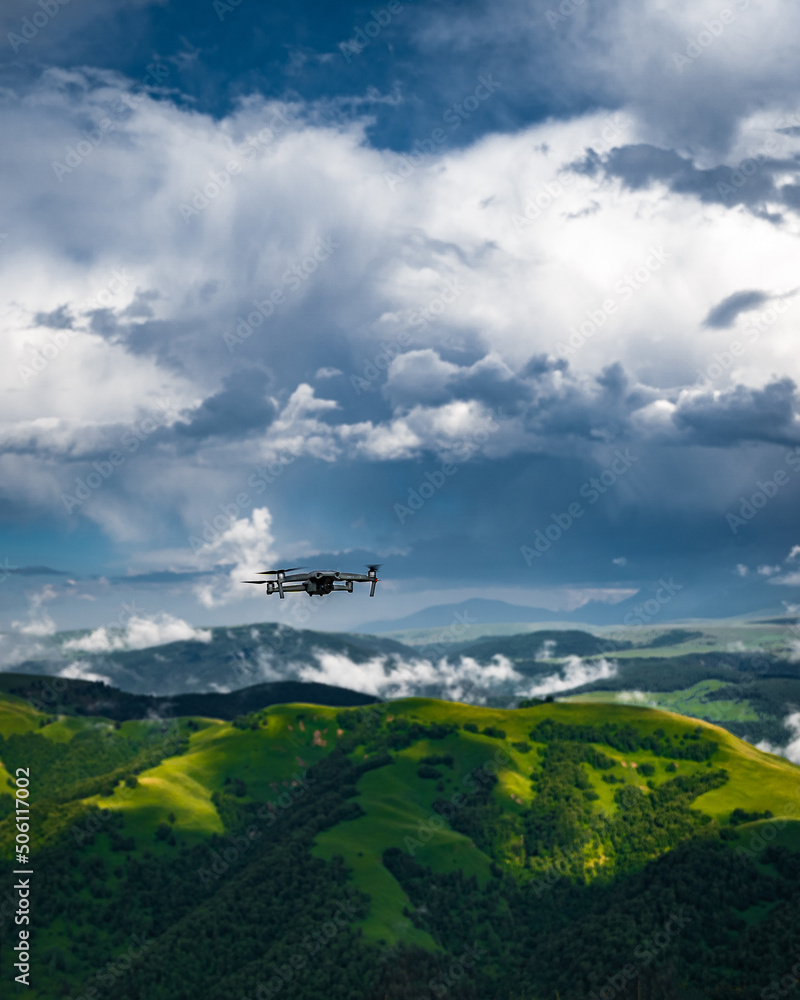 Fototapeta premium Drone flying in forest with green trees in summer