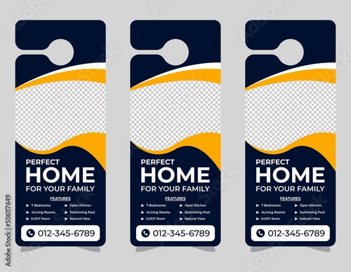 corporate door hanger modern Door hanger, do not disturb and make up room sign Door hanger design template, hotel knob design. Vector door hanger.	