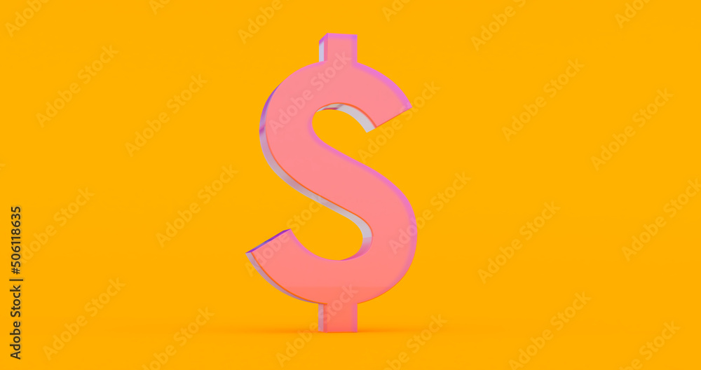 3D render of colored dollar sign isolated over yellow background, glass dollar sign 3D render of colored dollar sign isolated over yellow background, glass dollar sign