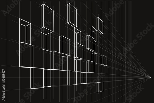 Linear architectural sketch abstract asymmetric cube facade in perspective on black background