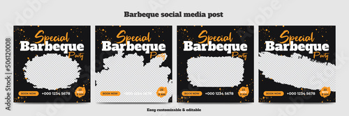Barbeque social media post template bundle. Delicious grill bbq food social media web banner set