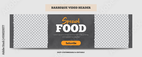 Barbeque video cover header template. Delicious grill bbq food video web banner 