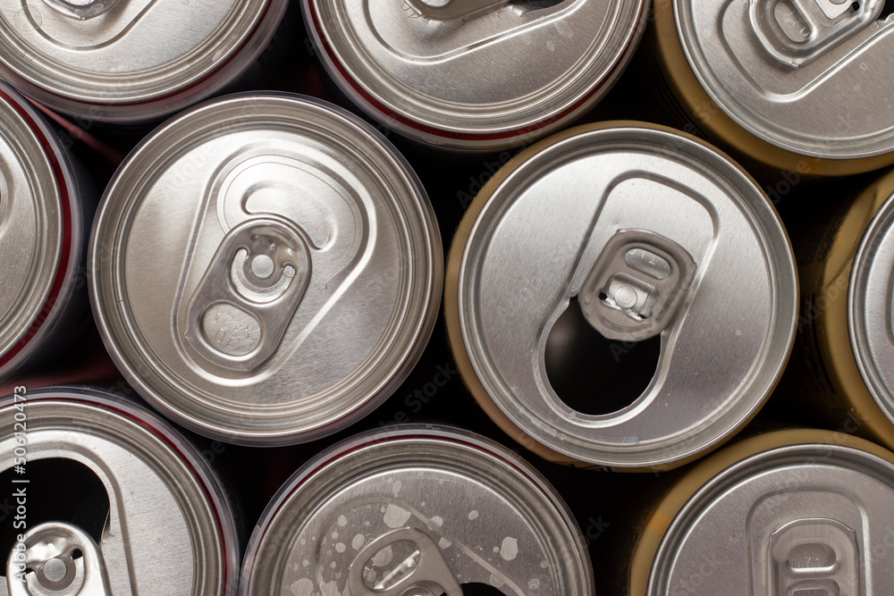 Beer tin cans. Top view.