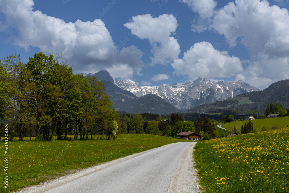 landscape in the Austrian highlands, green fields and blue mountains landscape in the Austrian highlands, green fields and blue mountains