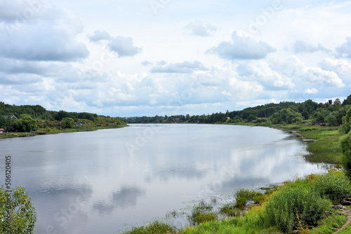 Panoramic view of Volkhov river at cloudy day