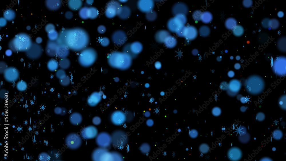 Futuristic background of falling multi-colored confetti in space. 3D. 4K. Isolated black background.