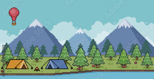 Pixel art lakeside camping landscape with mountains, trees, bonfire and balloon 8bit background
