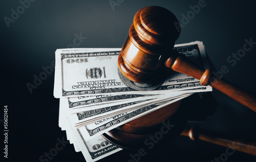 Fototapeta Judge gavel, dollars for business, finance, corruption, money, financial crimes