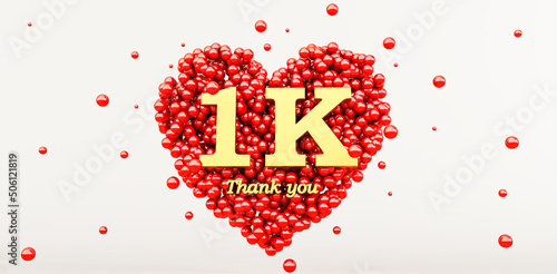 3D render of a gold 1000 followers thank you isolated on white background, 1k, red heart and red balloons, ball.