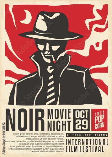 Noir movies vintage poster design. Detective with cigarette standing on the moonlight, retro ad concept for cinema event. Vector illustration. photo