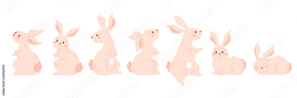 Obraz premium Cute cartoon rabbit in different poses. Funny bunny set. Standing, sitting, sleeping baby animal isolated on white background. Character, mascot in pastel pink colors. Vector illustration.