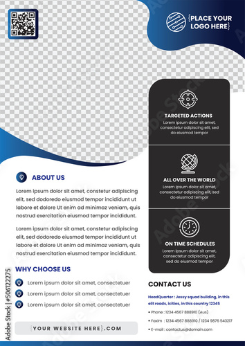 Blue Graphic, the modern design template for poster flyer brochure cover. Graphic design layout with round side of graphic elements and space for photo background