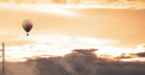 Hot Air Balloon flying over the Dramatic Cloudscape. 3d Rendering aircraft Adventure Concept. BC, Canada Background.
