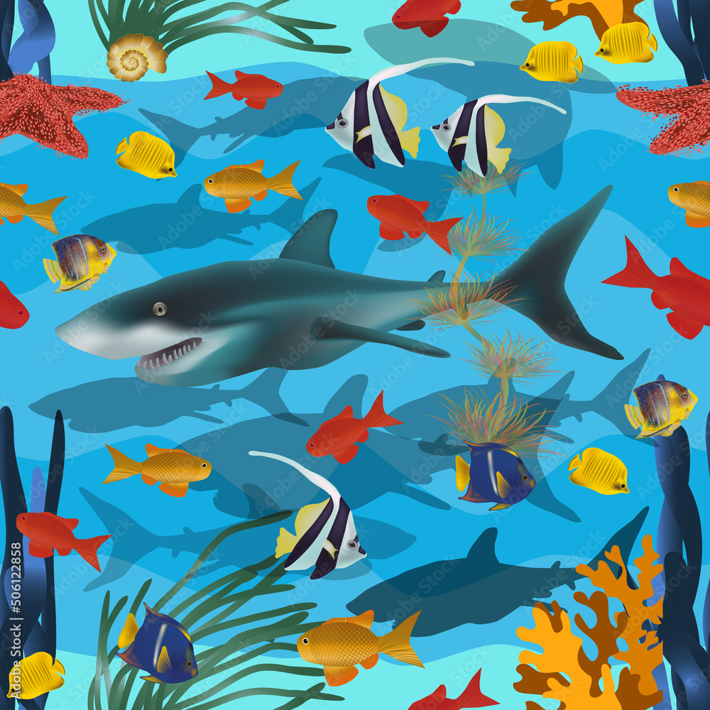Obraz premium Seamless underwater background with shark and tropical fish. vector illustration