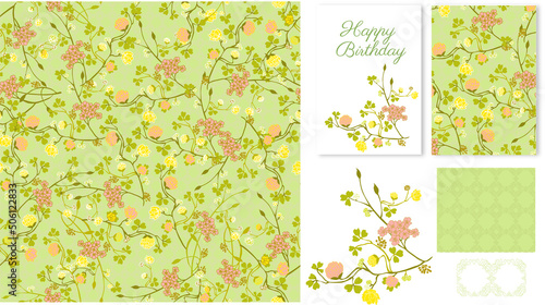 Elegant pattern with flowers, that look like old british flower wallpaper. Showed on a greeting card.