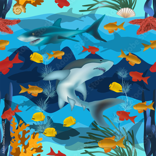 Fototapeta Naklejka Na Ścianę i Meble -  Seamless underwater card with shark tropical fish. vector illustration