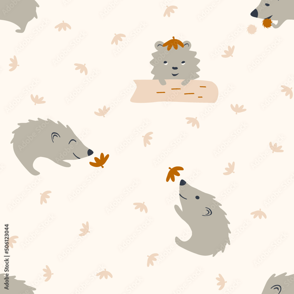 Seamless pattern cute animals, baby hedgehogs with flowers. Illustration for children.