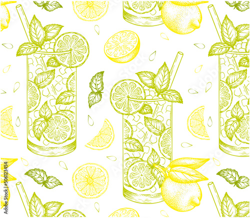 Sketch drawing pattern of Mojito cocktail in glass with yellow lemon and green mint leaf on white background. Engraving alcohol citrus drink. Hand drawn Bar menu wallpaper. Retro vector illustration.