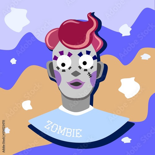 Boy  Zombie Man   Halloween and the vampire. Illustration for the holiday of evil spirits.Colorful cheerful background in purple  blue tones