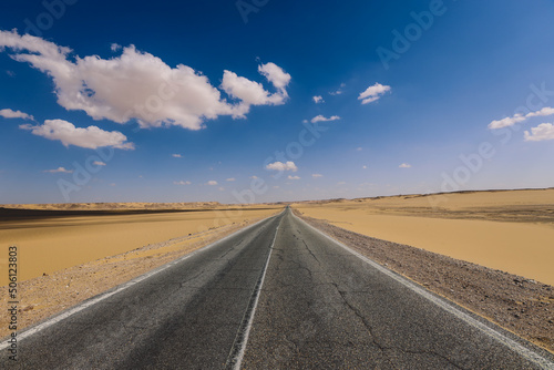 Asphalt Road View of the White Desert Protected Area in the Farafra Oasis, Egypt