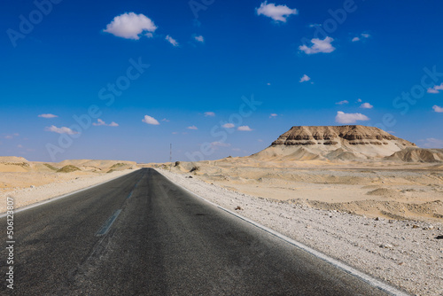 Asphalt Road View of the White Desert Protected Area in the Farafra Oasis, Egypt