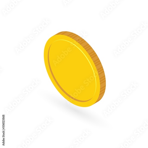 Isometric coin isolated on white background. Left side view of coin icon in 3d style. Symbol of economy, financial concept. Vector template for golden money, token, blockchain design