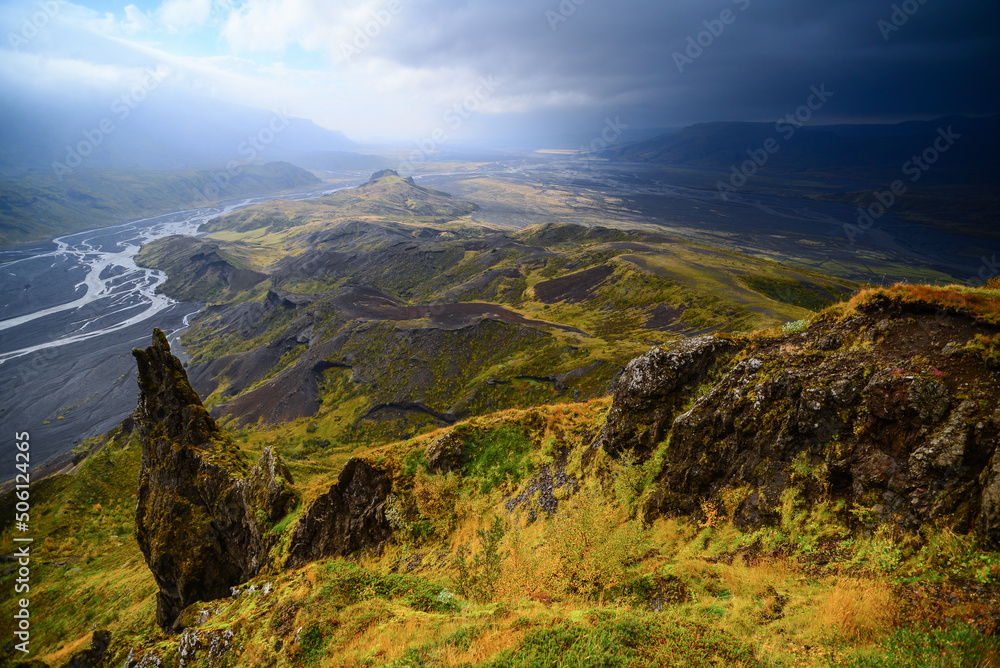 Dramatic sky above the meandering, glacial Krossá river valley and surrounding volcanic landscape from the summit of Mount Valahnúkur, Thorsmork National Park, Iceland
