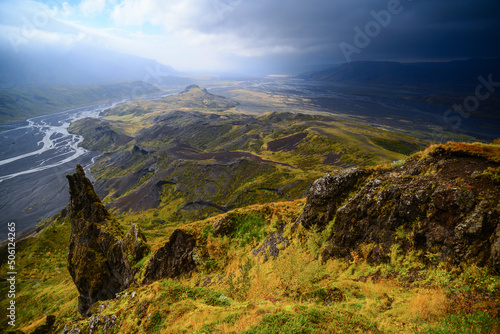 Dramatic sky above the meandering, glacial Krossá river valley and surrounding volcanic landscape from the summit of Mount Valahnúkur, Thorsmork National Park, Iceland
