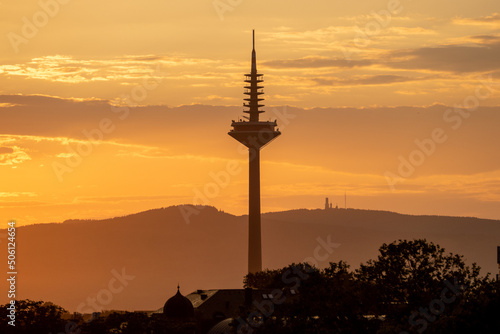 Europaturm (Fernsehturm) in Frankfurt beim Sonnenuntergang, Silhouette photo