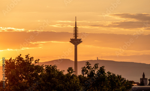 Europaturm (Fernsehturm) in Frankfurt beim Sonnenuntergang, Silhouette photo