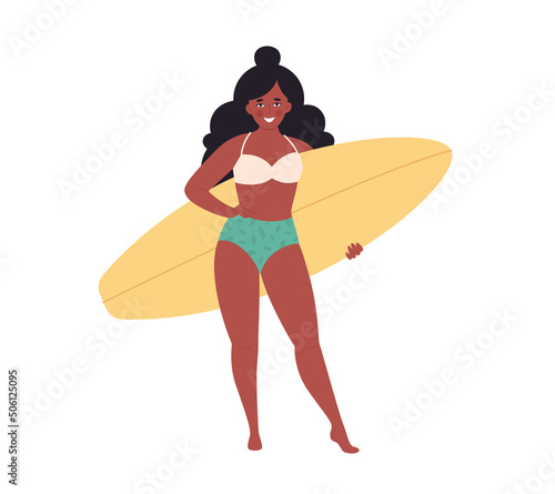 Black woman with surfboard. Summer activity  summertime  surfing. Hello summer. Summer Vacation. Hand drawn vector illustration