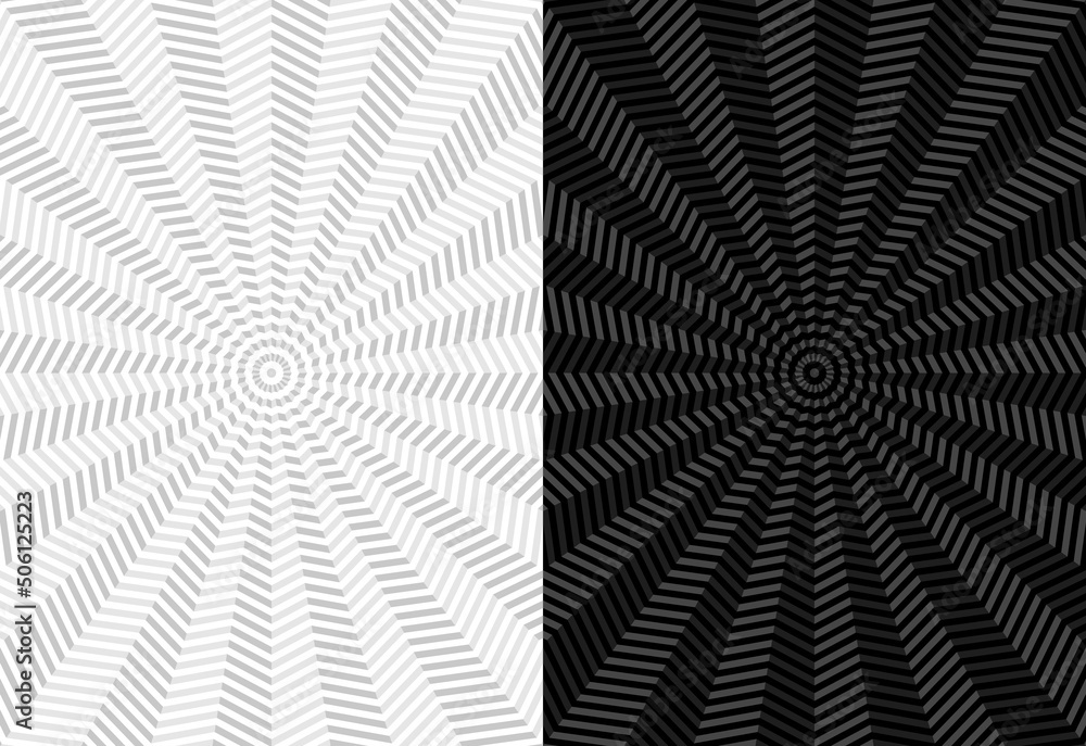 Abstract background pattern, white, gray, black. A circular radial illusion extending from the center. Twenty pointed star geometric shapes alternate dark and light colors. Vector illustration. Abstract background pattern, white, gray, black. A circular radial illusion extending from the center. Twenty pointed star geometric shapes alternate dark and light colors. Vector illustration.