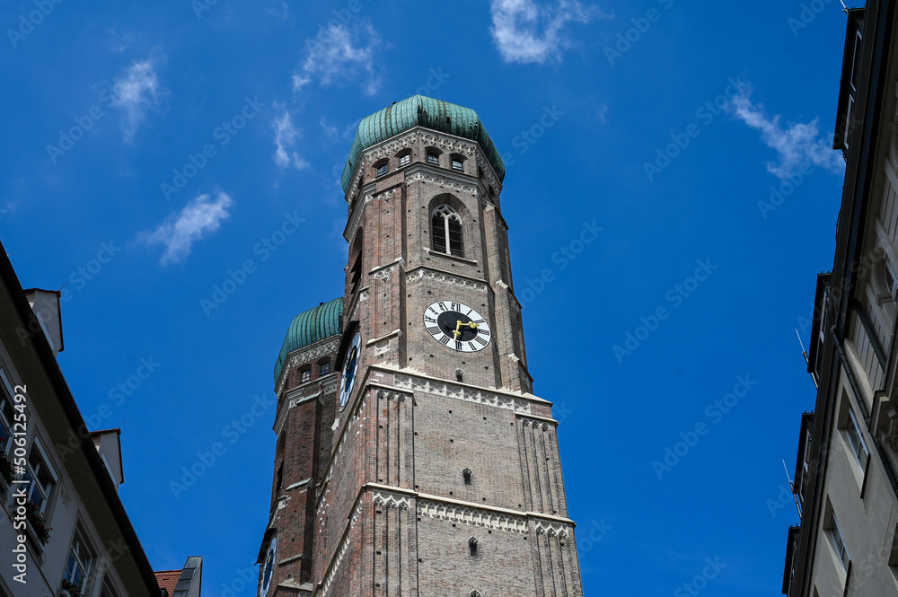 Munich, Germany: Towers of the Frauenkirche church. München, capital of the German state of Bavaria. Symbol of Munich.
