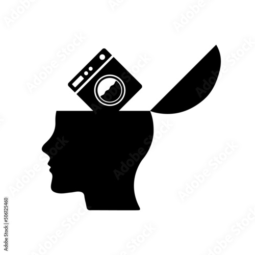 Manipulation and brainwashing icon. Vector illustration of washing machine coming out of open human head. Garbage in head, rubbish in brain symbol. Propaganda concept.