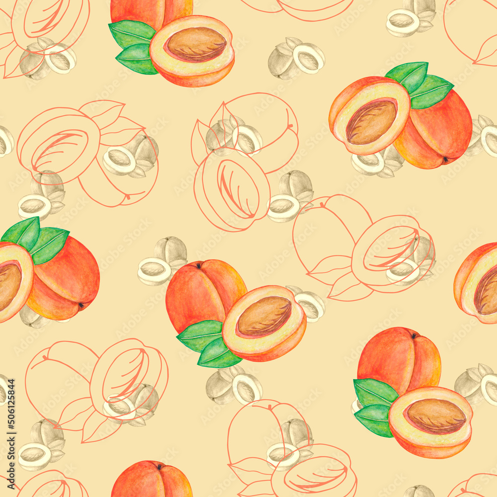 Peaches seamless pattern. Watercolor illustration. Peaches seamless pattern. Watercolor illustration.