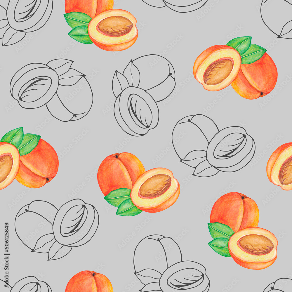 Peaches seamless pattern. Watercolor illustration. Peaches seamless pattern. Watercolor illustration.