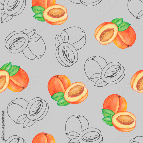 Fototapeta Naklejka Na Ścianę i Meble -  Peaches seamless pattern. Watercolor illustration.