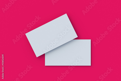White blank business cards on red background. Top view. 3d render