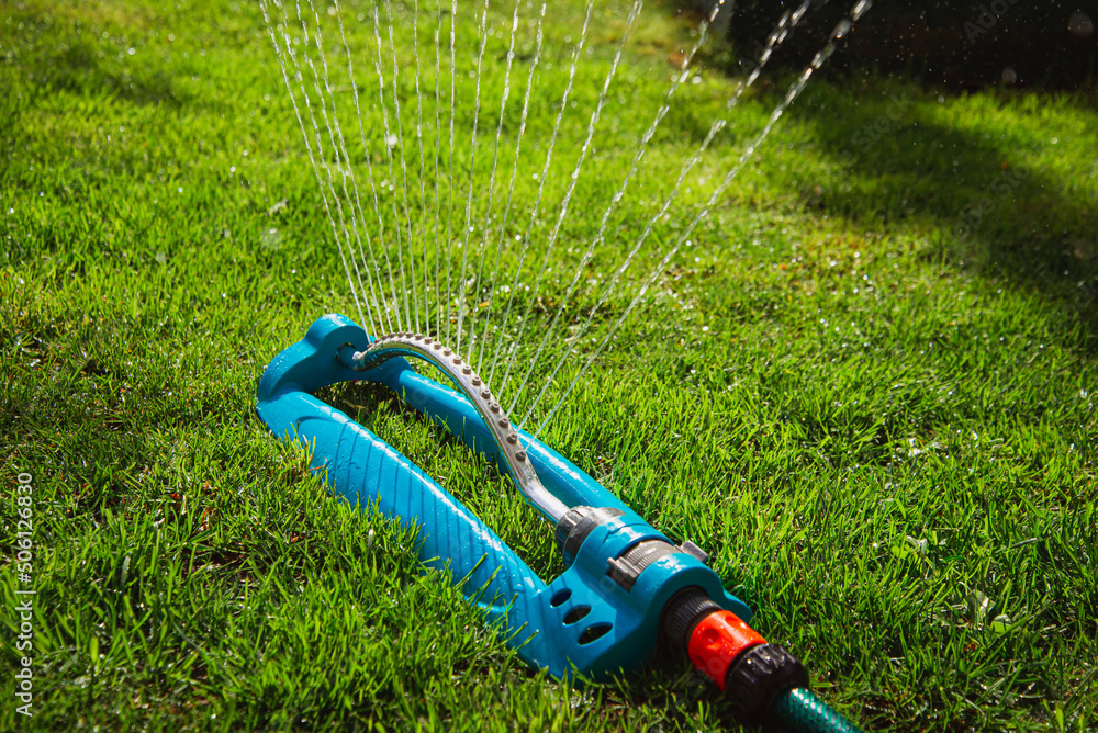 Garden lawn sprinkler on grass with water spray - obrazy, fototapety, plakaty 