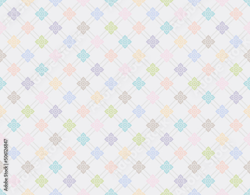 Seamless modern Thai art pattern. Square shape in pastel colors. Gray lines on a white background. Vector illustration.