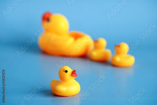 rubber duck with ducklings on a blue background.