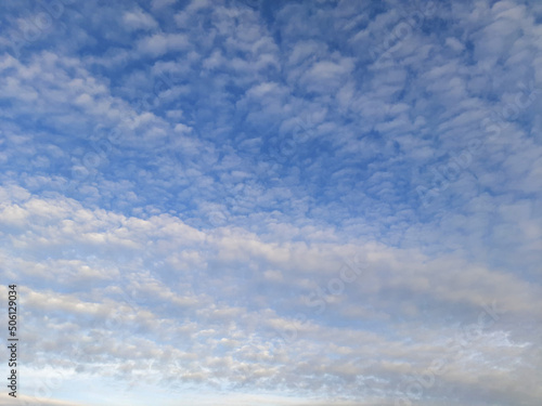 Beautiful blue sky with fluffy white cirrocumulus clouds photo