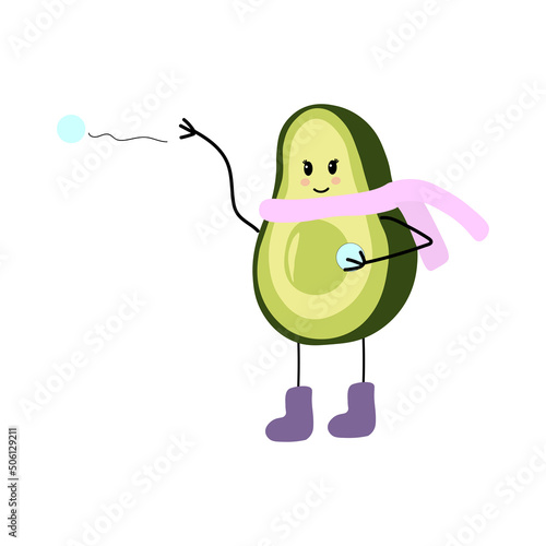Vector illustration winter character avocado girl playing snowballs Winter games.