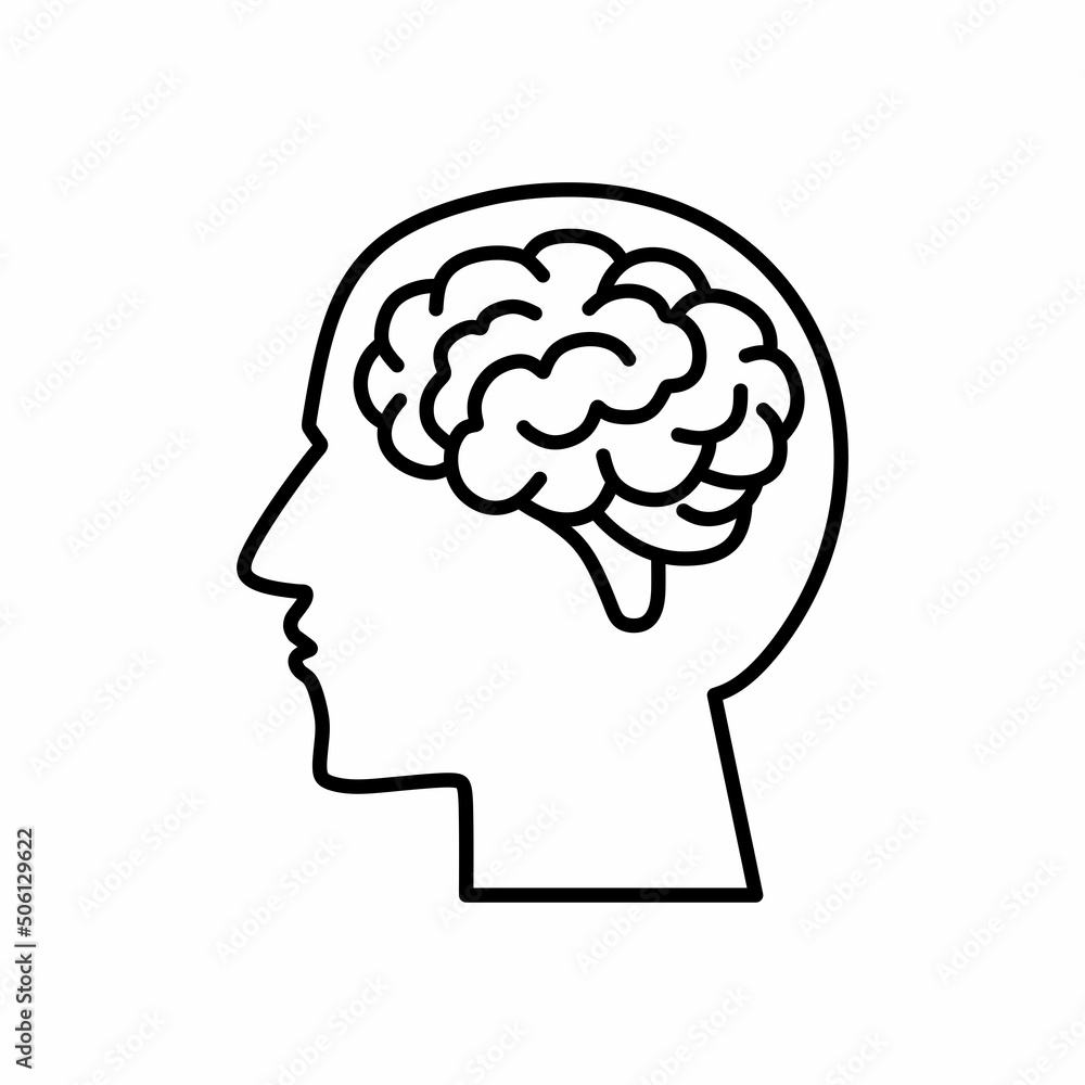 Human Brain in Head. Vector Outline Icon with Editable Strokes isolated on white background Human Brain in Head. Vector Outline Icon with Editable Strokes isolated on white background