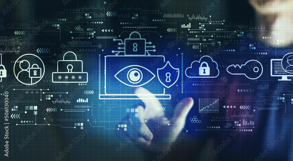 Data Privacy concept with young man touching a digital screen at night Data Privacy concept with young man touching a digital screen at night