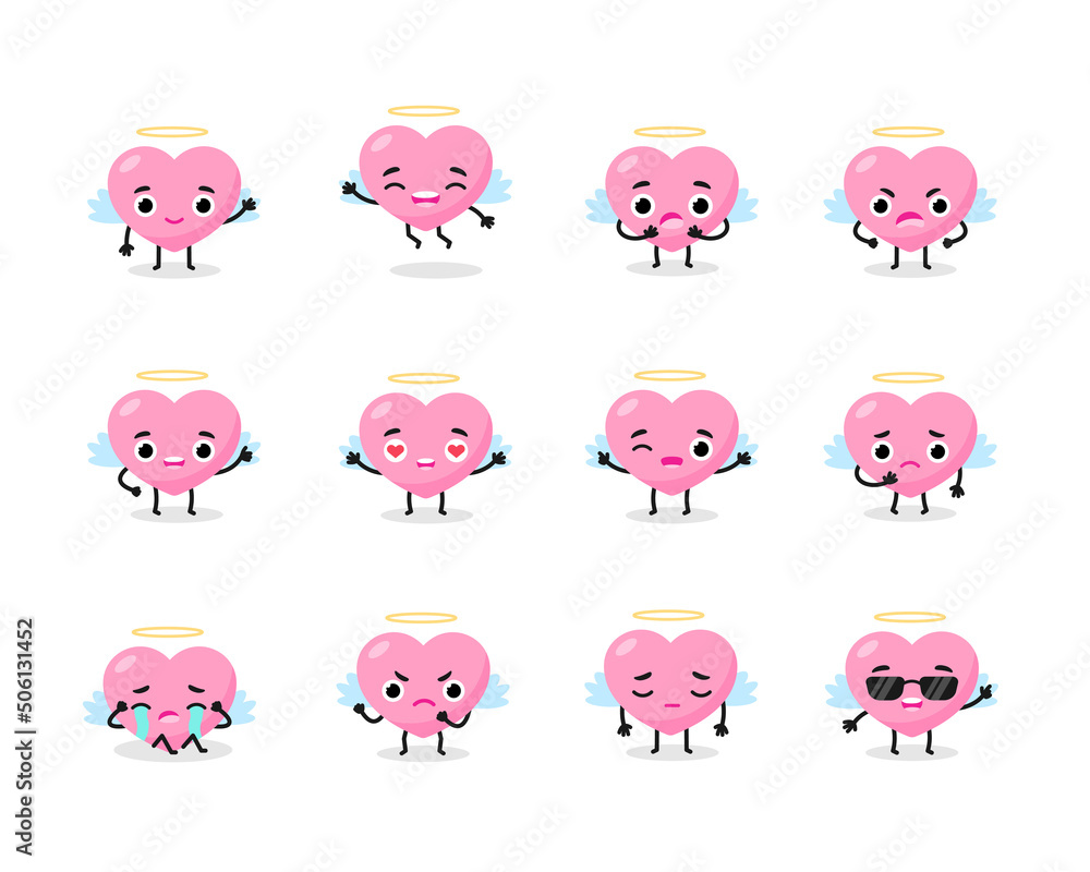 Fototapeta premium Flat pink collection emotions angel heart head face with wings.
