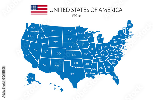Blue map of United States of America with borders and short names, isolated on white background. Vector design.
