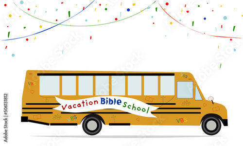 School bus with  Vacation Bible School text "VBS" vector illustration, church icons and confetti. Summer kids camp concept. Copy space text.