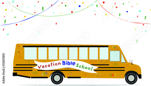 School bus with  Vacation Bible School text "VBS" vector illustration, church icons and confetti. Summer kids camp concept. Copy space text.